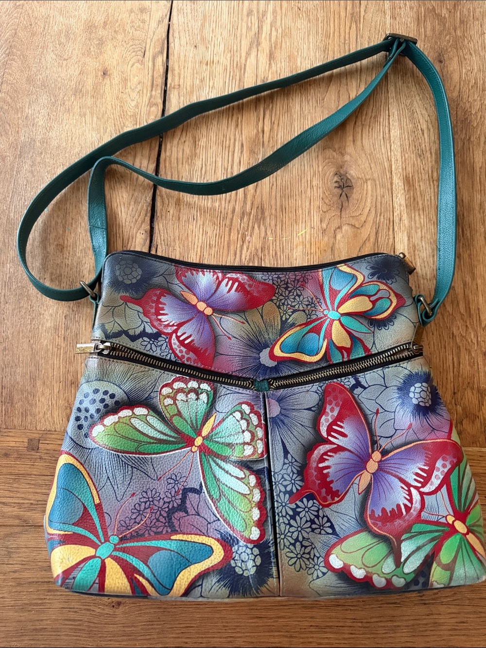 Anna Anuschka Butterfly Hand-Painted Leather Satchel.
